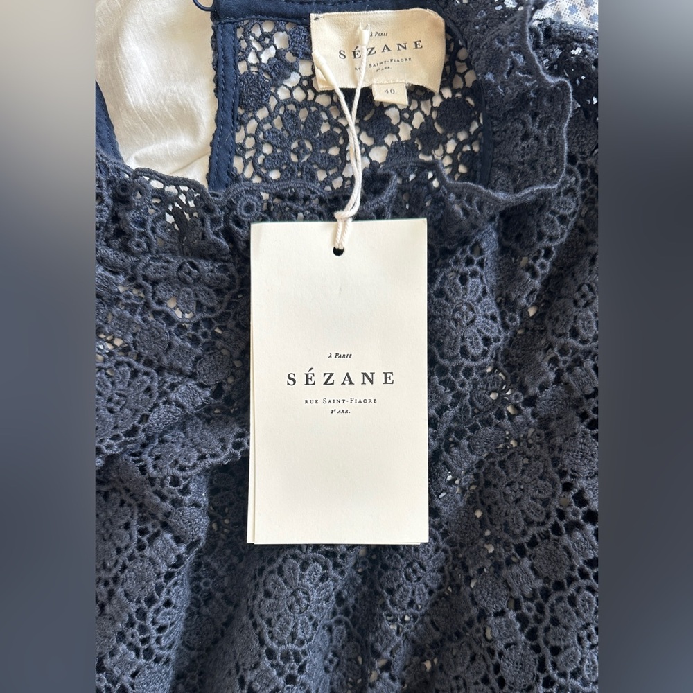 NWT Sezane Eglantine Guipure Blouse in Navy - Picture 12 of 12